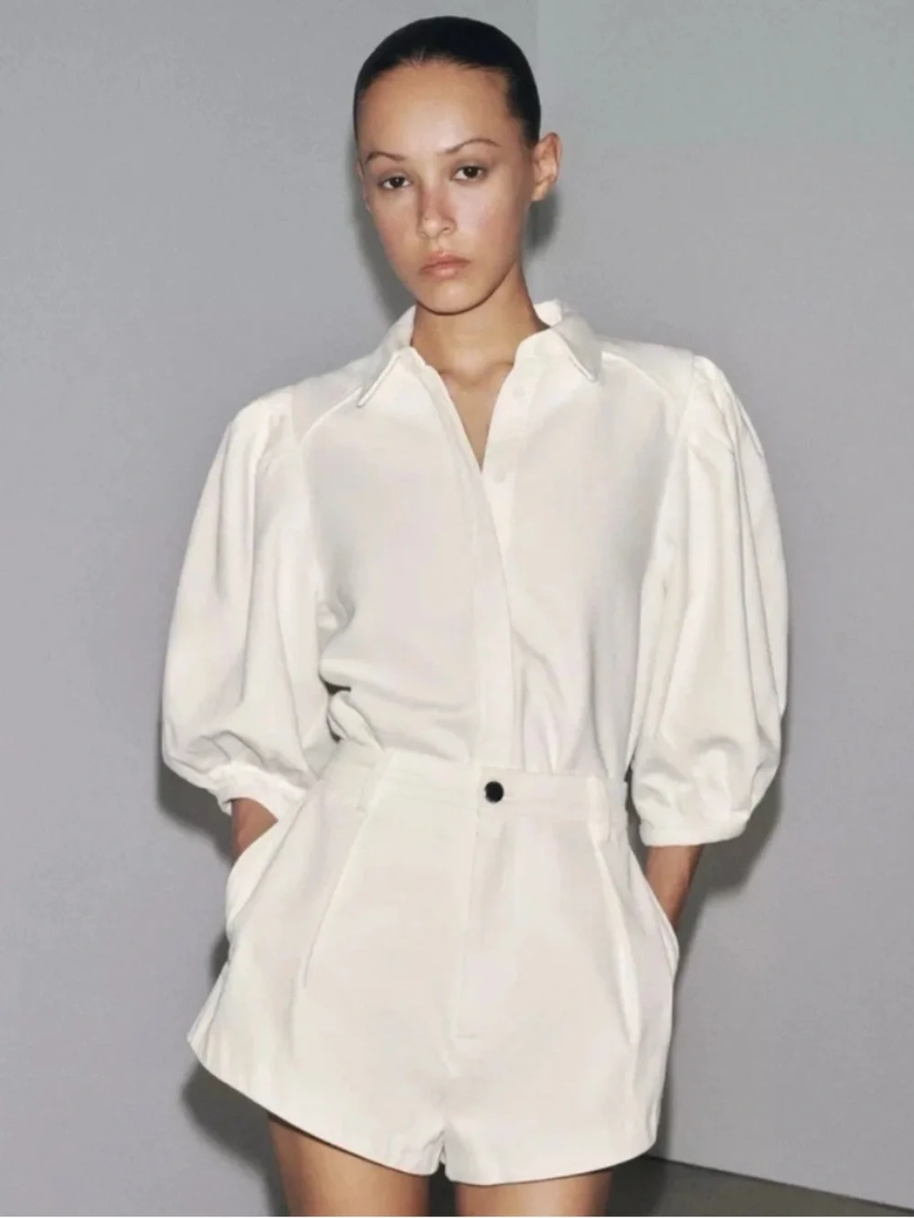 Zara ZW Collection White Denim Puff-Sleeve Button-Front Top - Picture 1 of 8